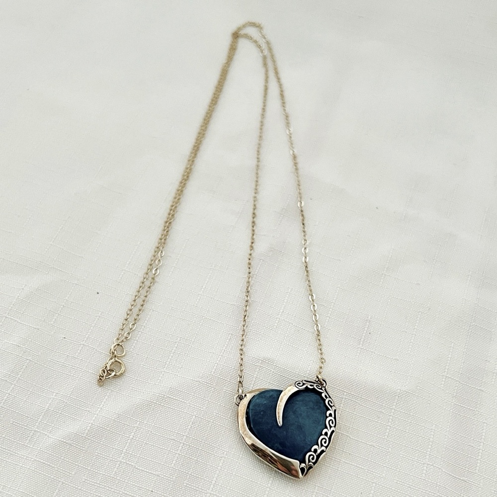 Vintage / Filigree Natural Lapis Heart Necklace / Sterling Silver - Picture 3 of 12